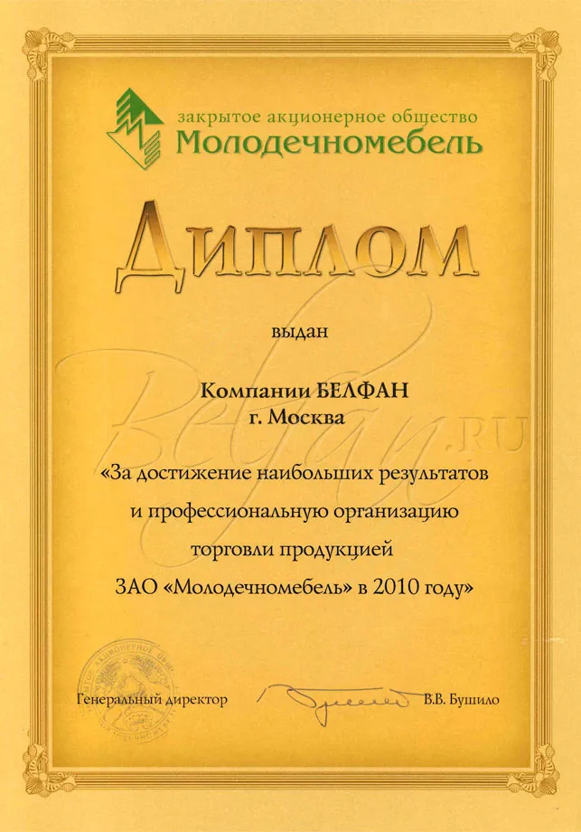 Диплом партнера ЗАО Молодечномебель. Выдан компании БЕЛФАН Диплом партнера ЗАО Молодечномебель. Выдан компании БЕЛФАН