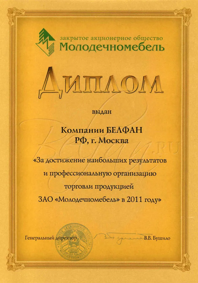 Диплом партнера ЗАО Молодечномебель. Выдан компании БЕЛФАН Диплом партнера ЗАО Молодечномебель. Выдан компании БЕЛФАН